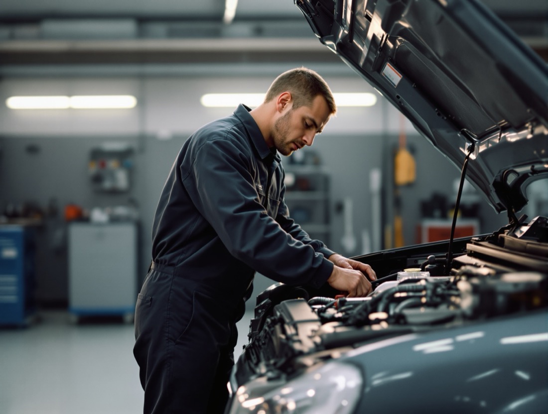 Mechaniker bei der Arbeit am offenen Motorraum