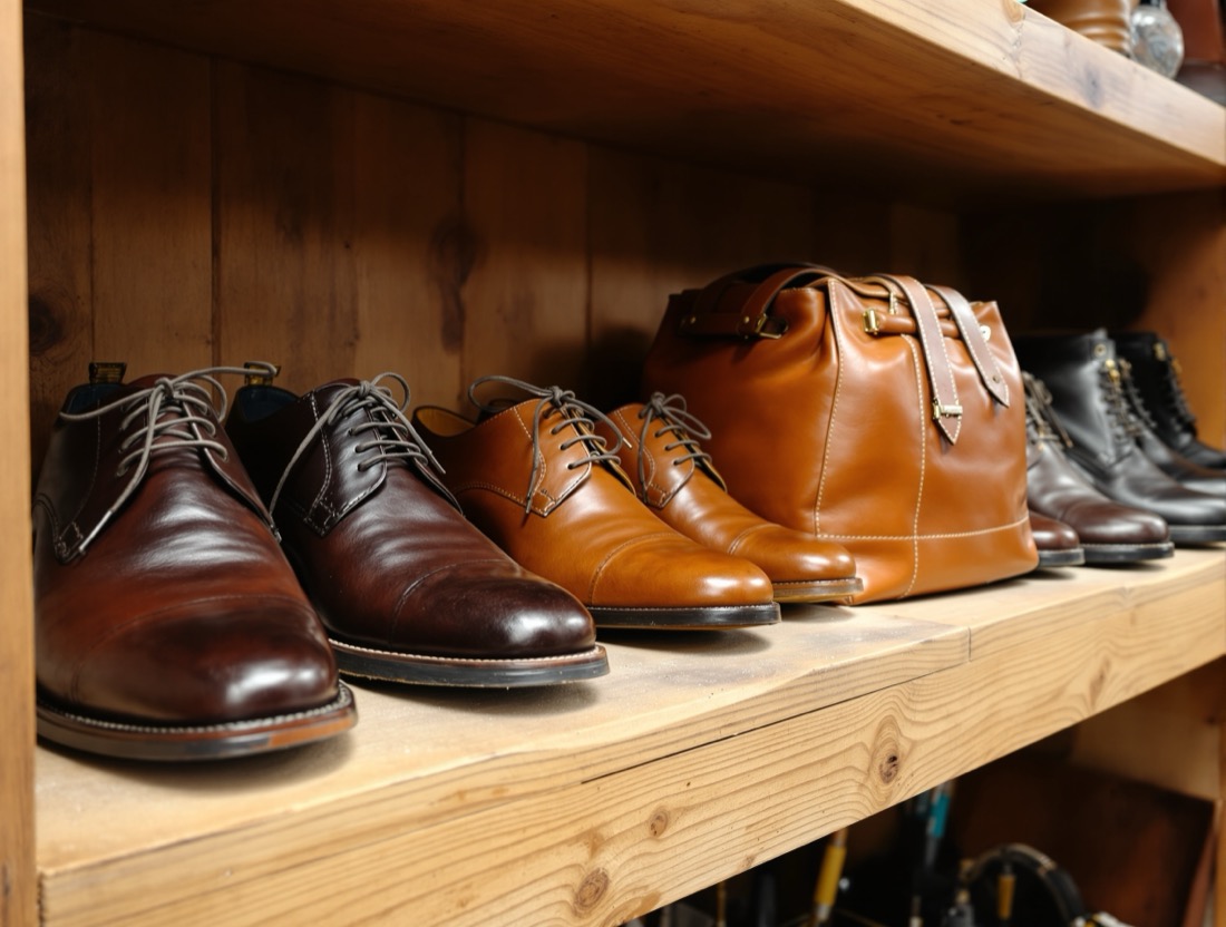 Reihe reparierter Lederschuhe und eine Tasche im Regal