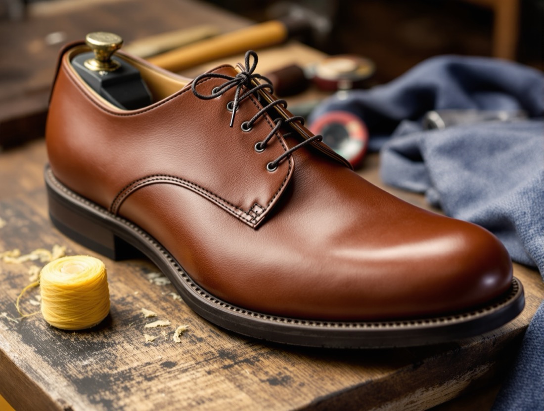 Lederschuh auf dem Leisten mit Werkzeug
