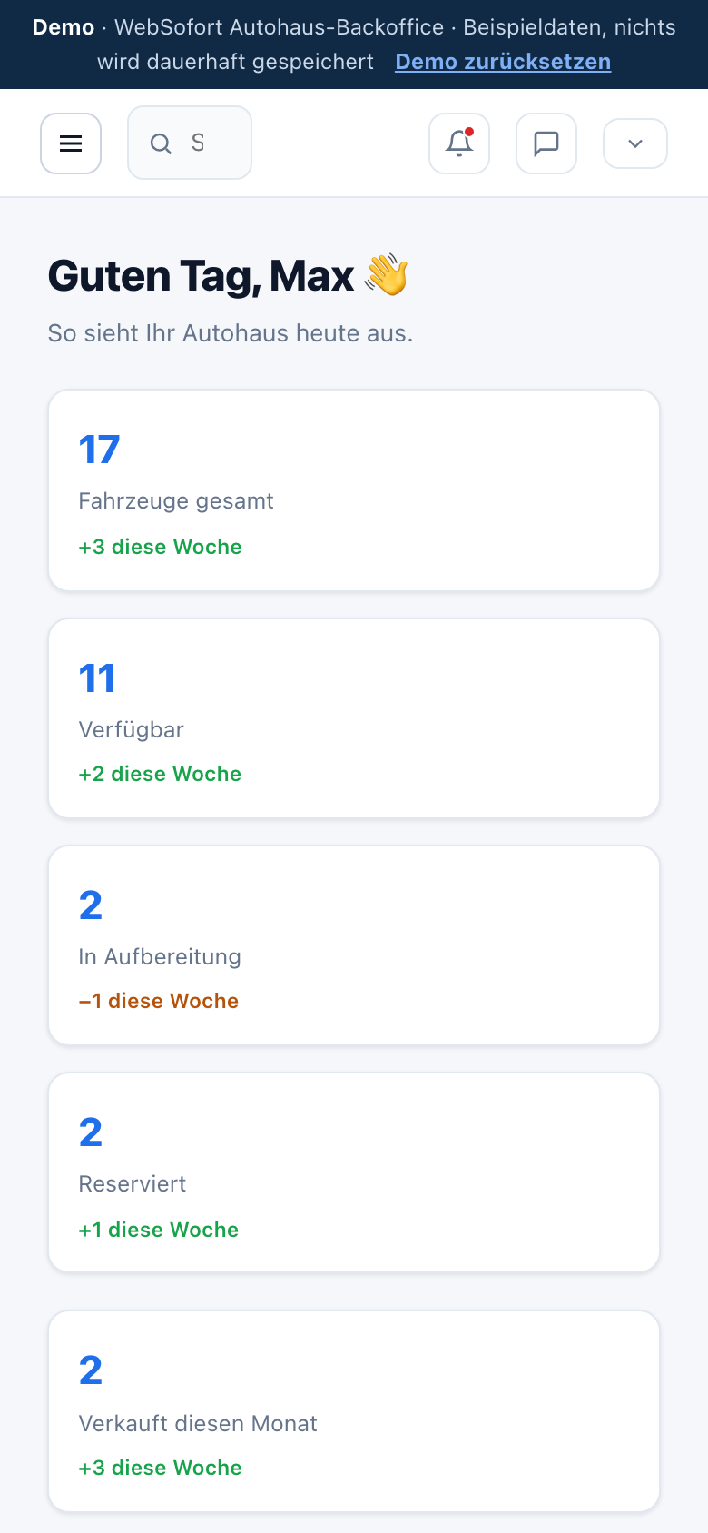 Fahrzeugverwaltung in der mobilen Ansicht