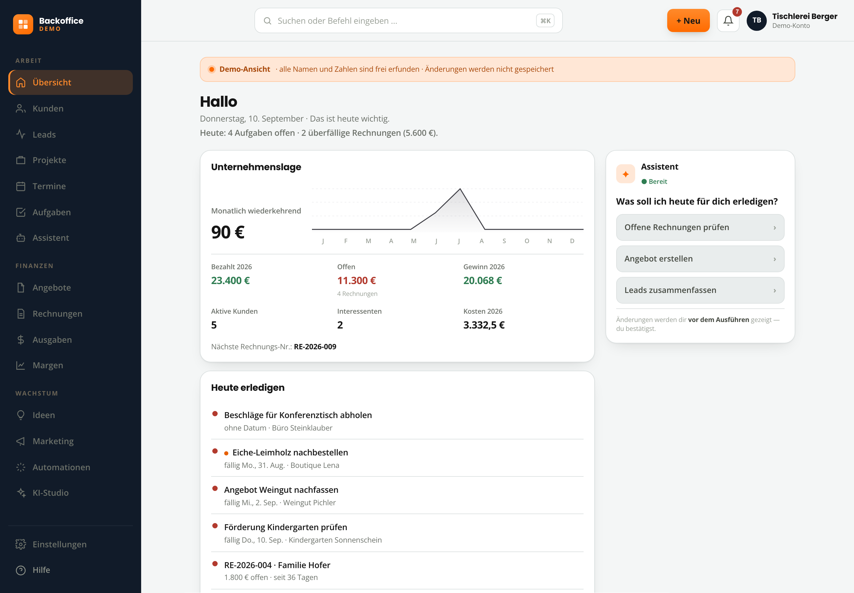 WebSofort Backoffice in der Desktop-Ansicht